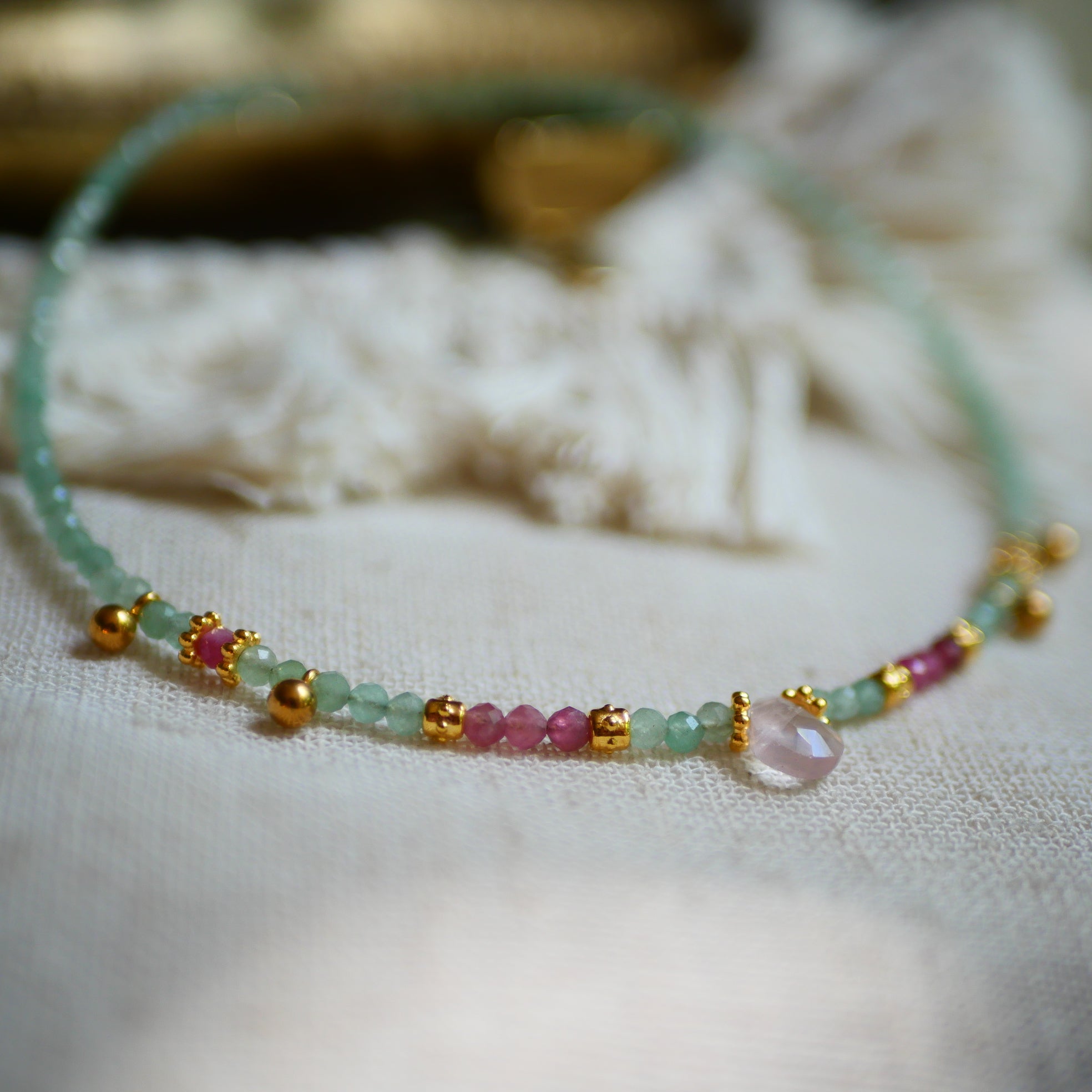 collier pierre aventurine quartz rose topaze