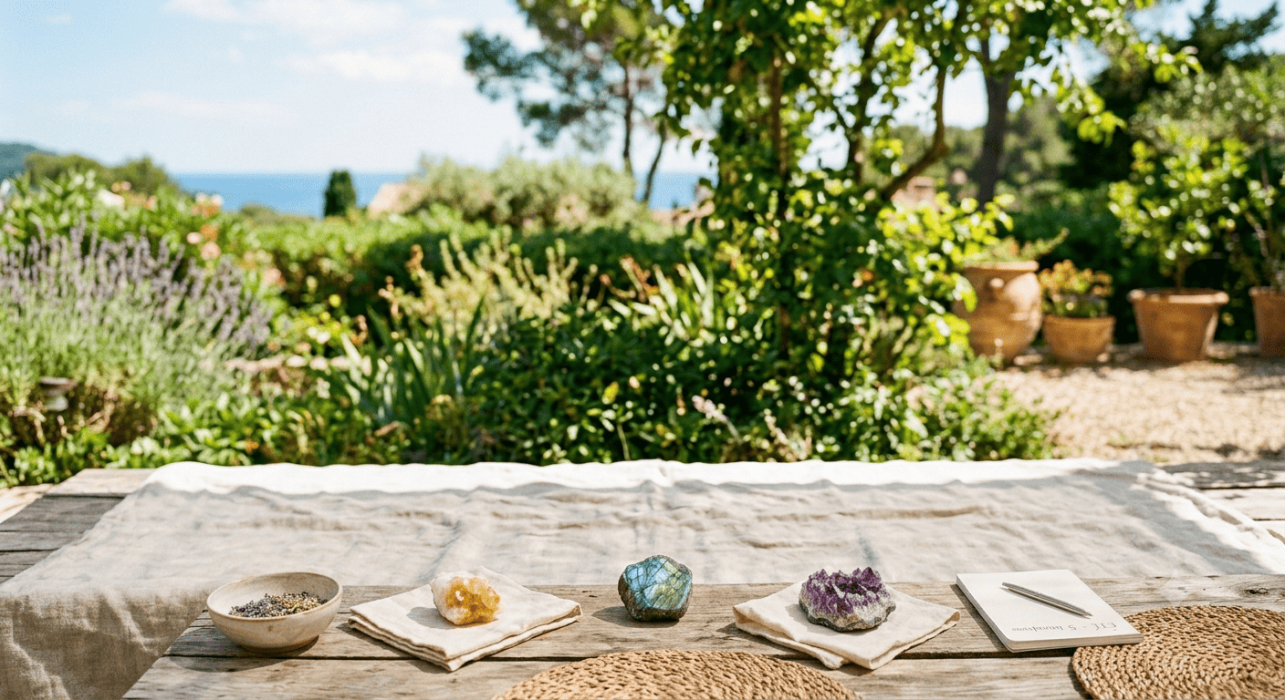 Pierres naturelles posées pour un rituel d'été – intentions et minéraux sous la lumière chaude