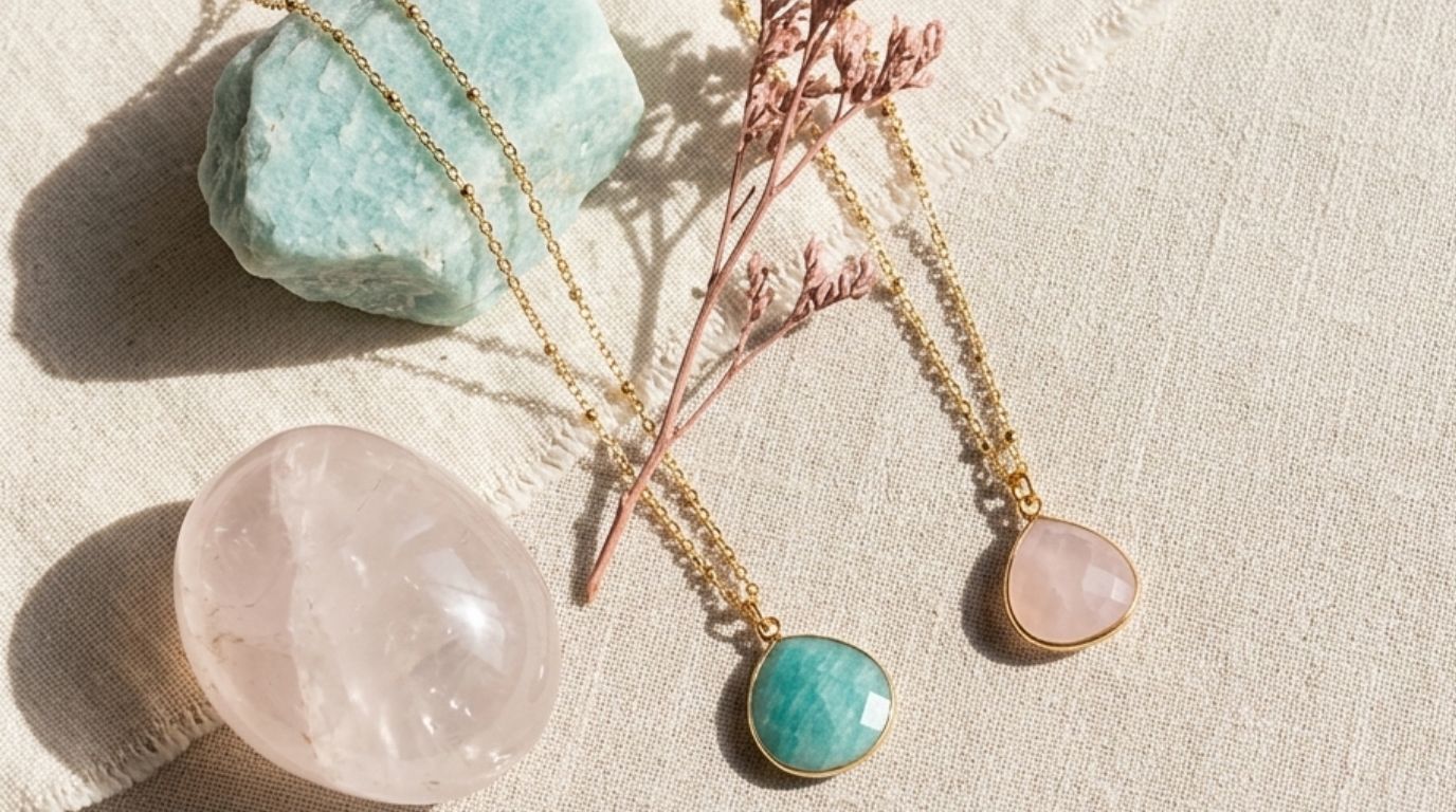 Amazonite et quartz rose associés en bijoux Ginandger pour la protection du cœur