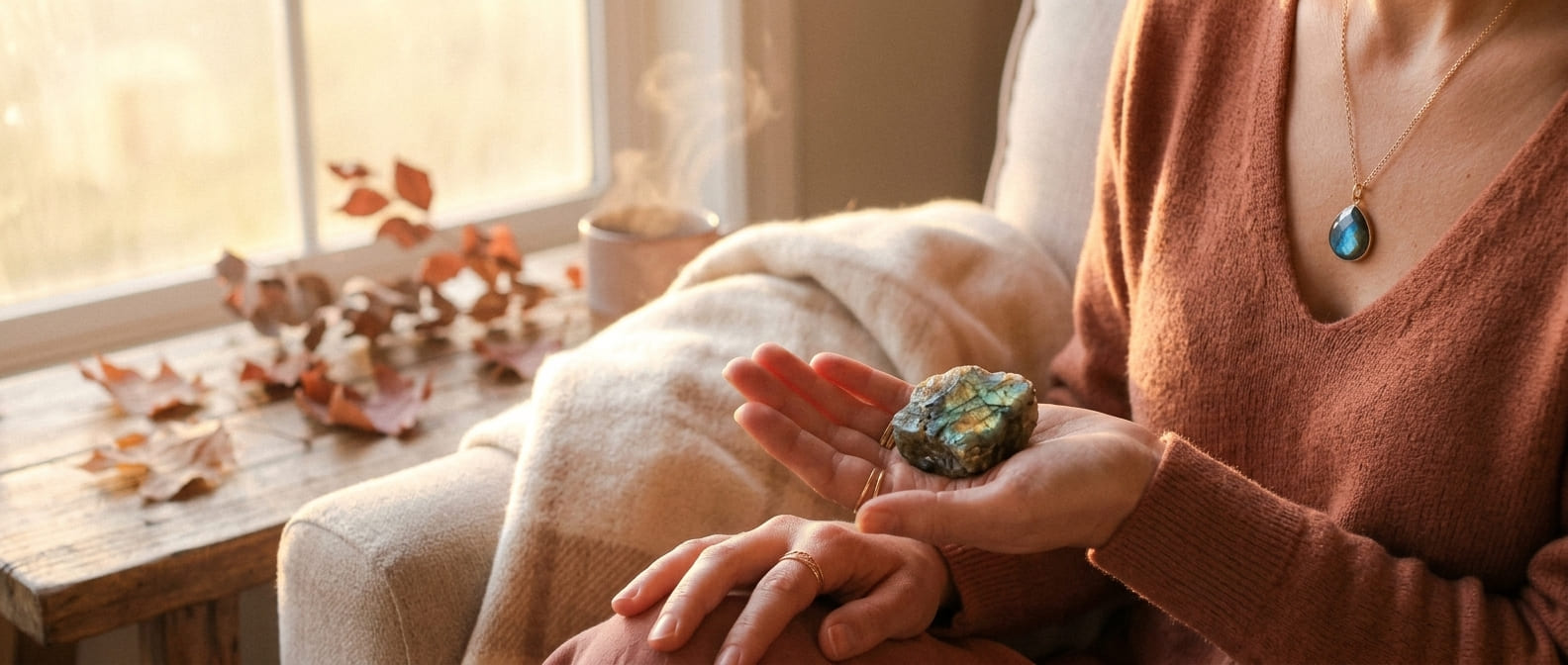 Femme tenant une pierre de labradorite dans la paume, bijou d'ancrage Ginandger, ambiance automnale douce
