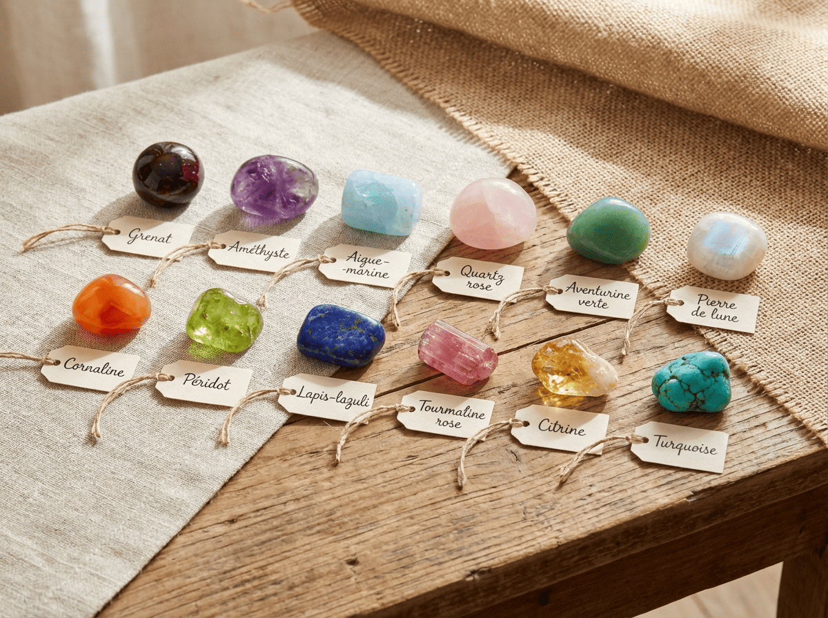 Composition des 12 pierres de naissance par mois : grenat, améthyste, aigue-marine, quartz rose, aventurine verte, pierre de lune, cornaline, péridot, lapis-lazuli, tourmaline rose, citrine et turquoise