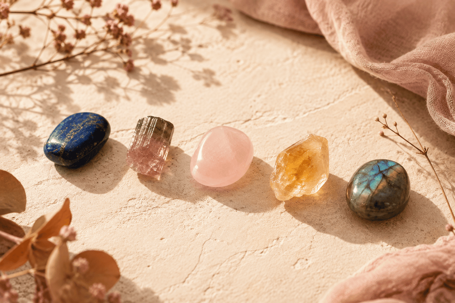 Pierres de la Balance : lapis-lazuli, tourmaline, quartz rose, citrine et labradorite avec bijoux Ginandger