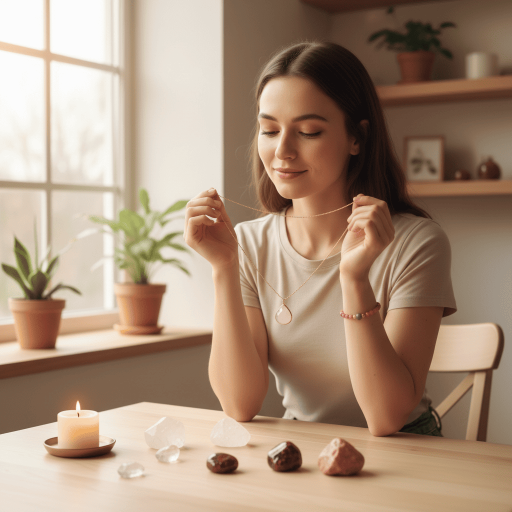 Femme méditant près d’une fenêtre, tenant un collier Ginandger en quartz rose, ambiance douce avec pierres naturelles et lumière naturelle.