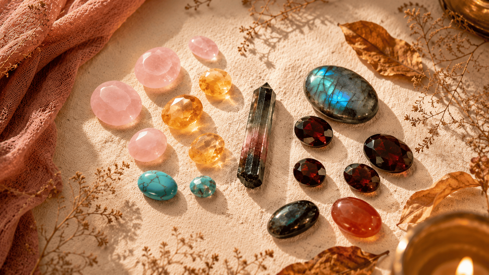 Pierres porte-bonheur Balance et Scorpion : quartz rose, citrine, labradorite et grenat pour l'automne