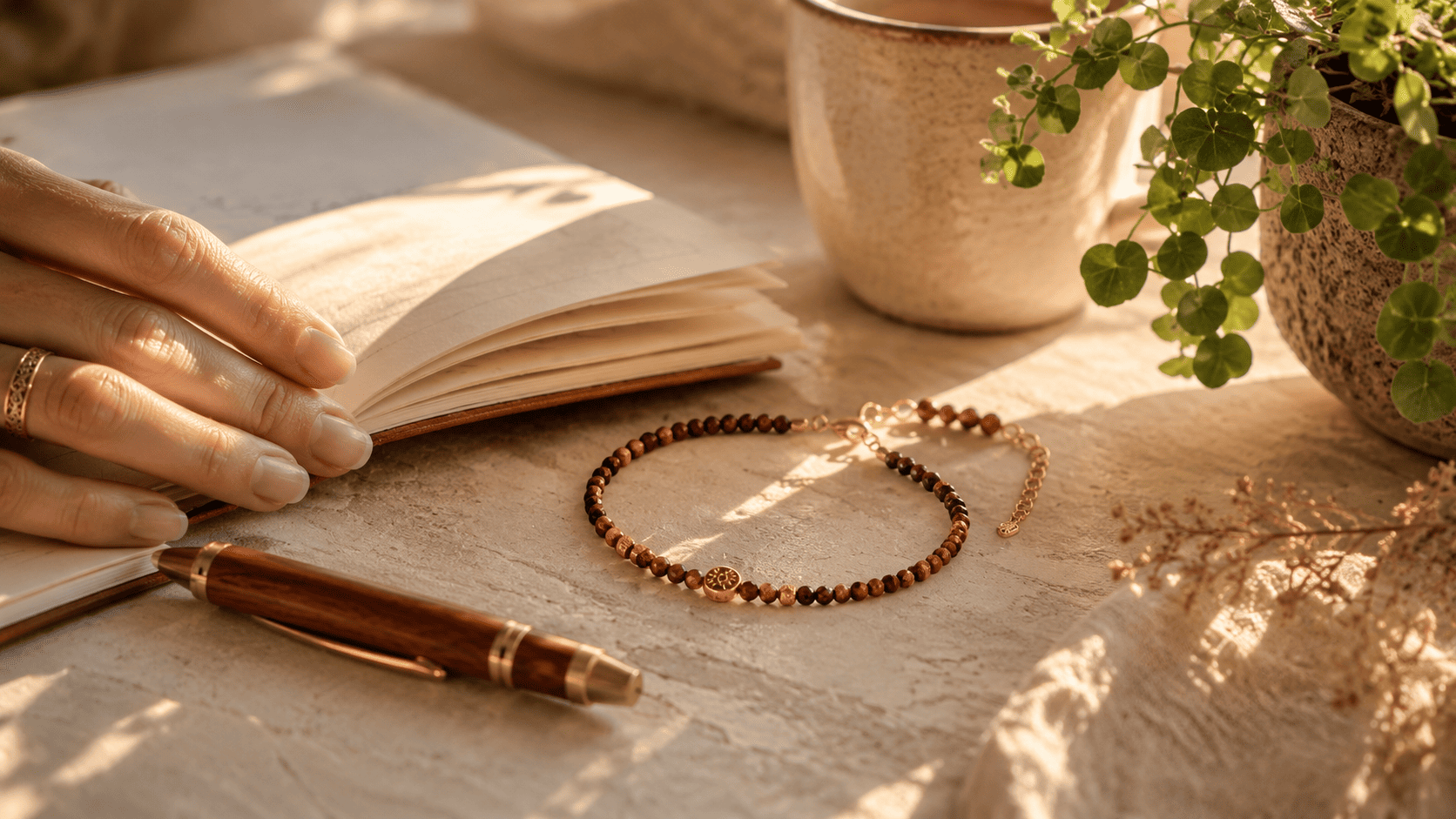 Bracelet œil de tigre et citrine posé sur un carnet, ambiance rentrée professionnelle