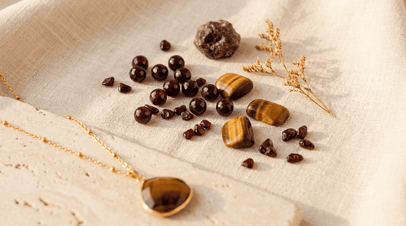 Collier œil de tigre et perles de grenat, bijoux lithothérapie Ginandger pour la confiance en soi
