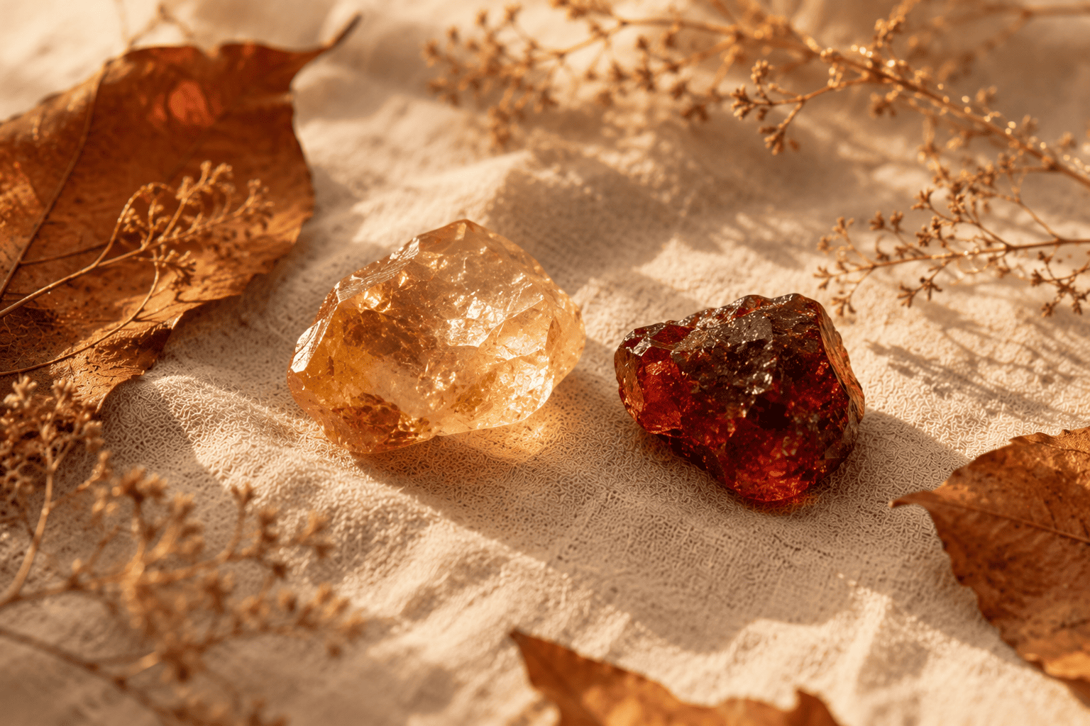 Bijoux en citrine et grenat posés parmi des feuilles d'automne, pierres pour la fatigue saisonnière