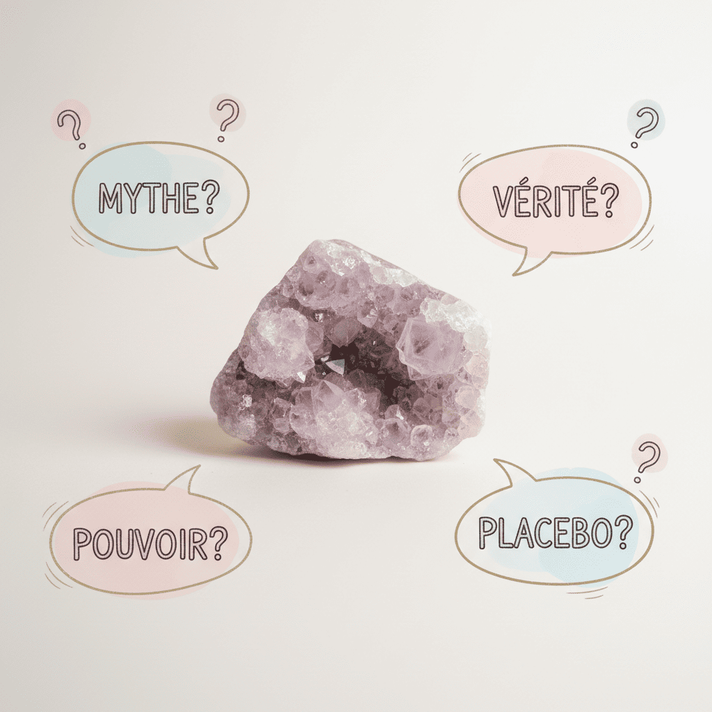Mythes et vérités sur la lithothérapie : cristal entouré de bulles illustrant les idées reçues.