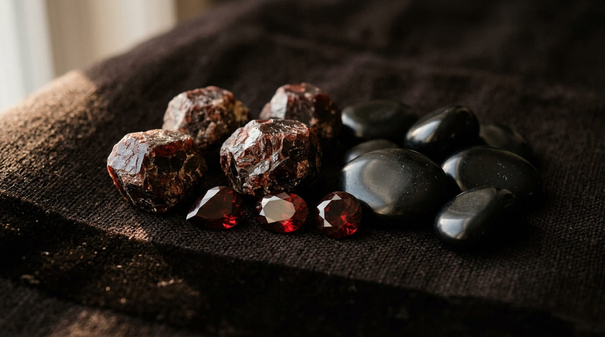 grenat et obsidienne associés en bijoux Ginandger pour la protection et la vitalité en hiver