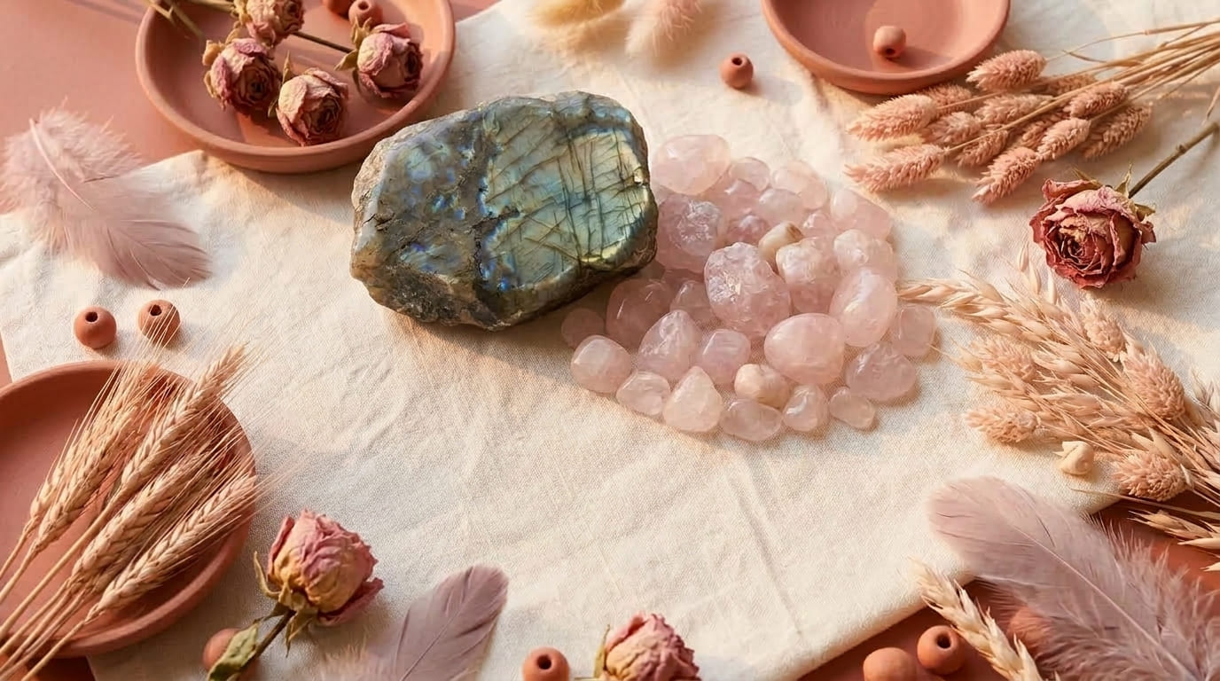 Labradorite et quartz rose, duo de pierres pour la protection et la douceur du cœur