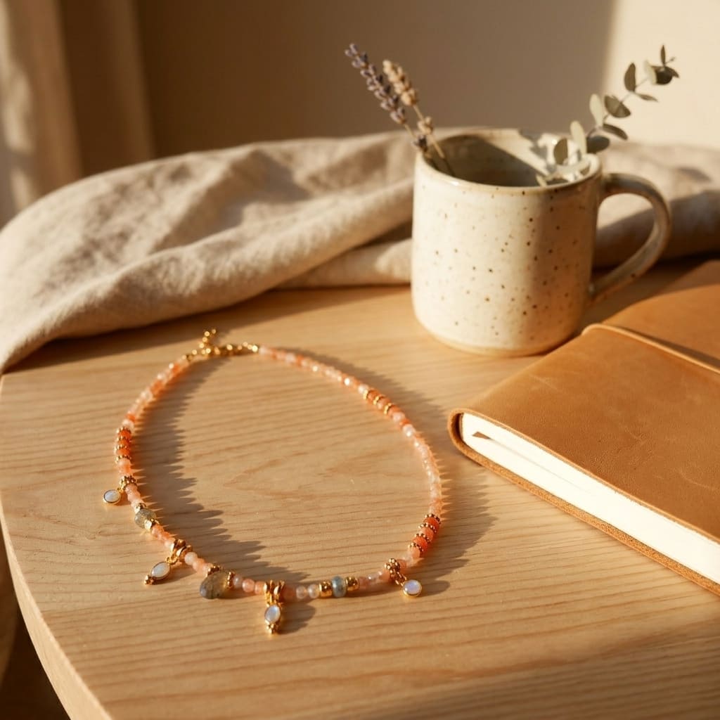 bijou pierre de soleil orangée posé sur bois clair, lumière dorée, rituel rentrée Ginandger