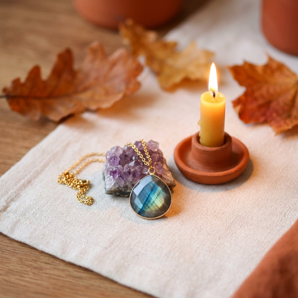 Labradorite et bijou en pierre naturelle posés près d'une bougie pour un rituel de la Toussaint