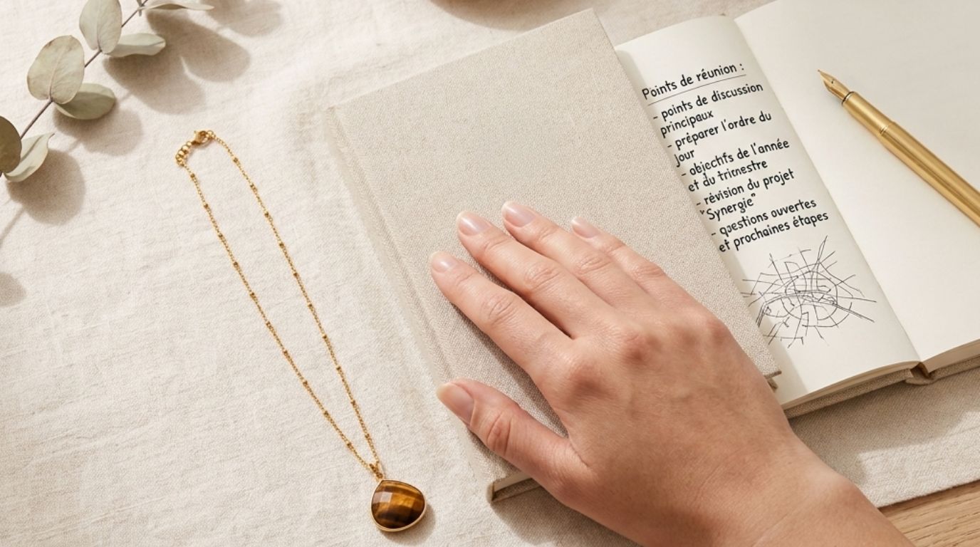 Collier en pierre naturelle posé près d'un carnet, préparation sereine avant un entretien d'embauche