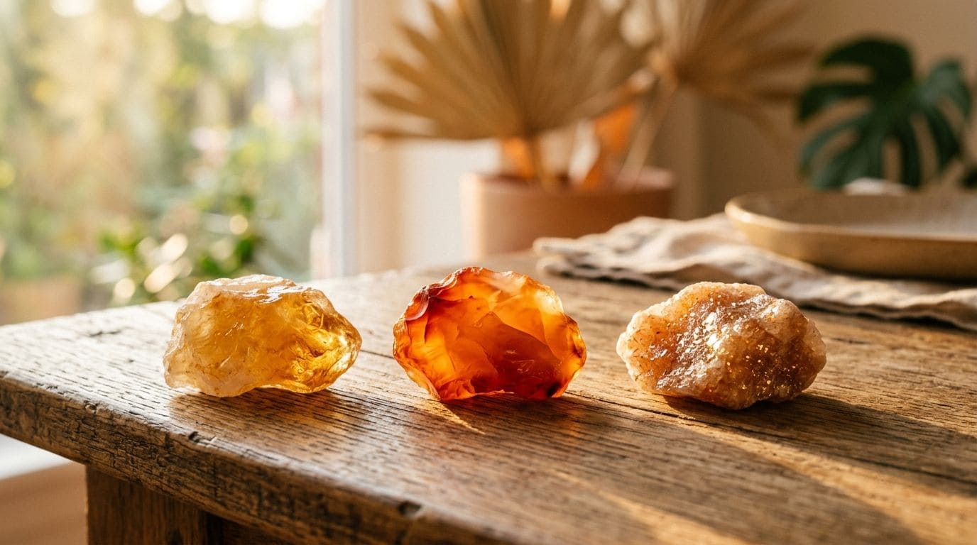 Citrine et pierres pour la joie posées sur bois naturel — lithothérapie été Ginandger