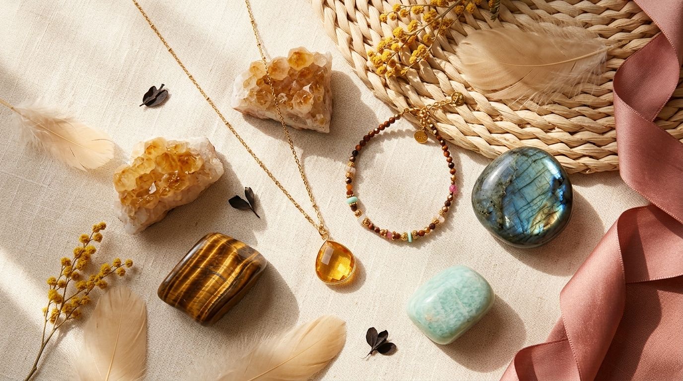 Pierres de lithothérapie citrine, œil de tigre, labradorite et amazonite associées au signe astrologique des Gémeaux