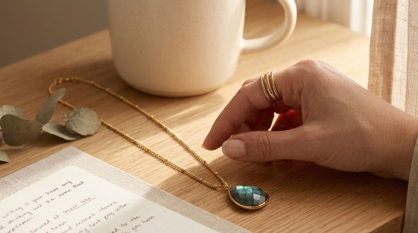 collier labradorite posé sur une table pour rentrée sereine