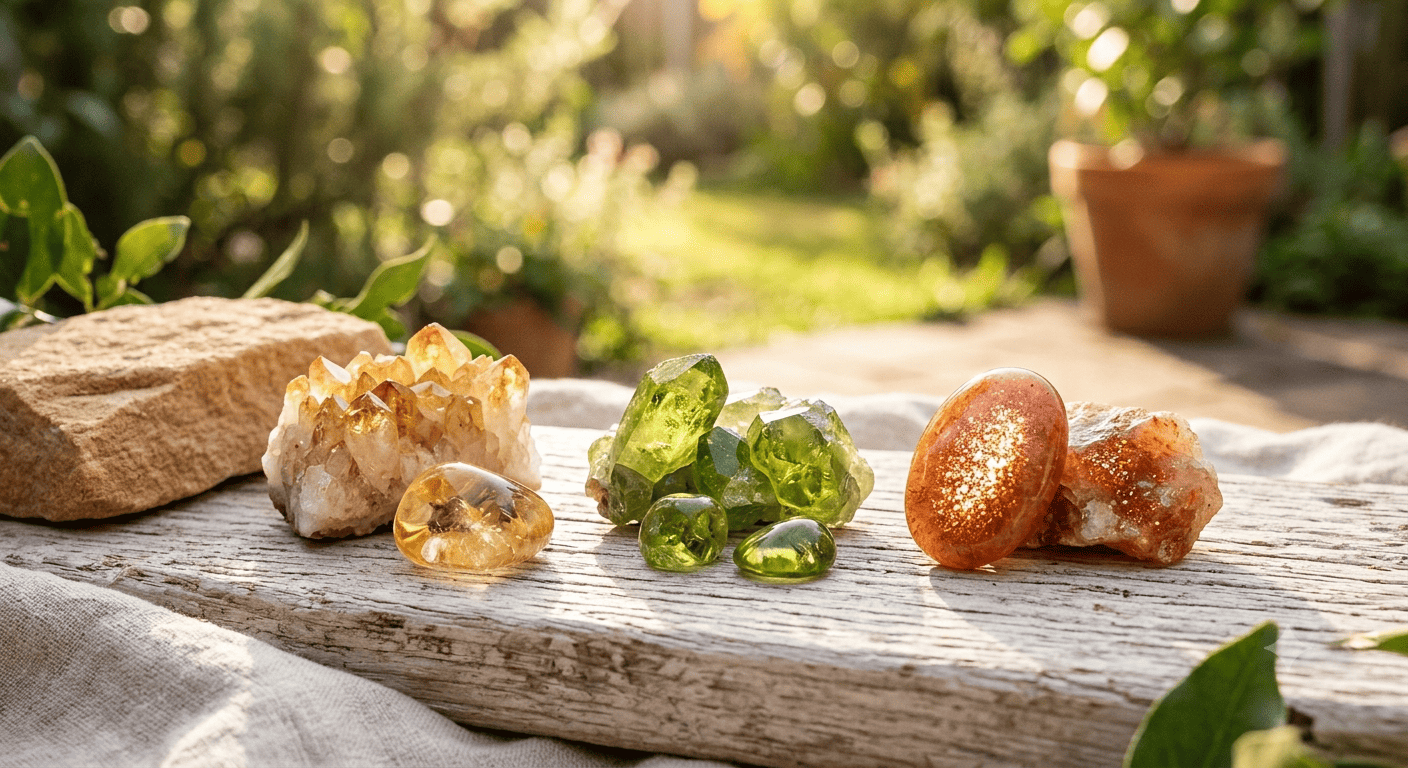 Pierres brutes solaires – citrine, péridot et pierre de soleil sur fond naturel clair