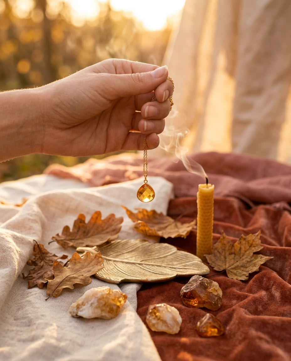 collier en citrine posé lors d'un rituel d'abondance d'automne, ambiance chaleureuse avec bougie et feuilles séchées