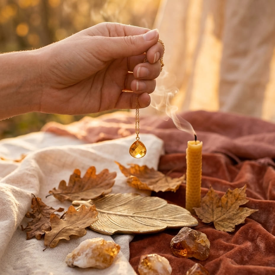 collier en citrine posé lors d'un rituel d'abondance d'automne, ambiance chaleureuse avec bougie et feuilles séchées