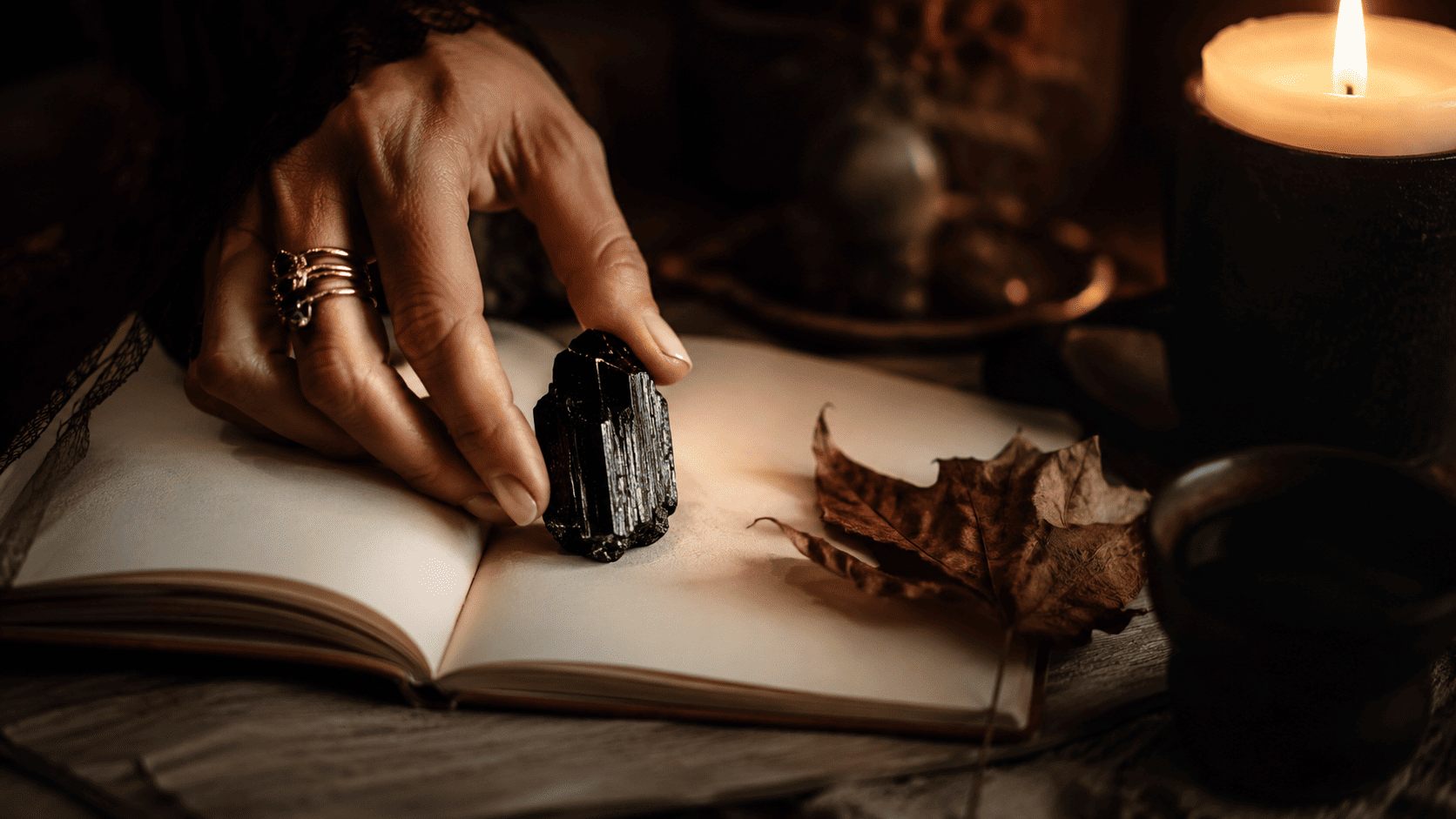 Rituel de nouvelle lune de septembre : pierre naturelle et bougie pour poser une intention d'automne