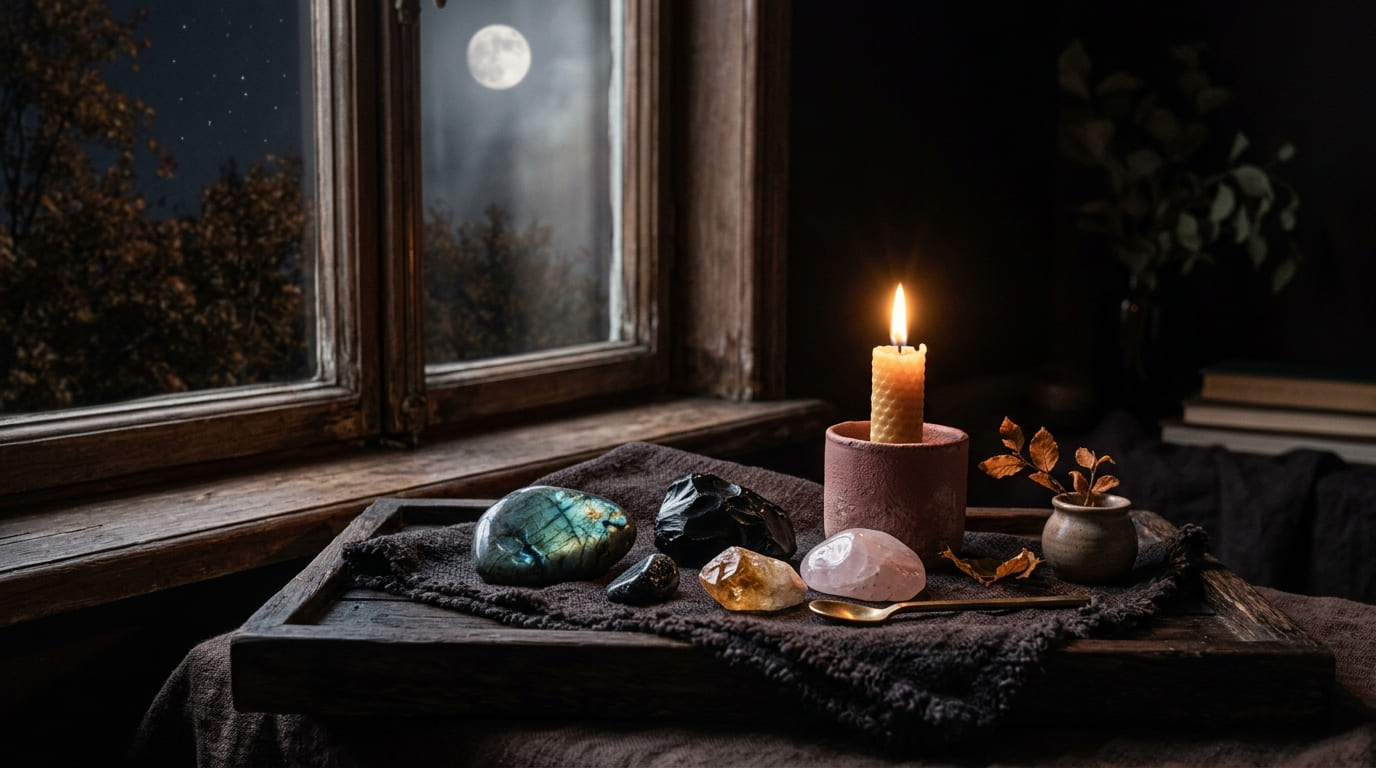 Pierres naturelles disposées pour un rituel de pleine lune d'octobre, la Lune des Chasseurs, sous une lumière lunaire douce