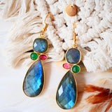 Boucles d’oreilles VANA en labradorite, onyx vert & tourmaline rose – Harmonie et protection