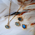 Collier AJNA Ginandger - détail pendentif œil labradorite irisé serti or, chaîne dorée à billes, fond plumes
