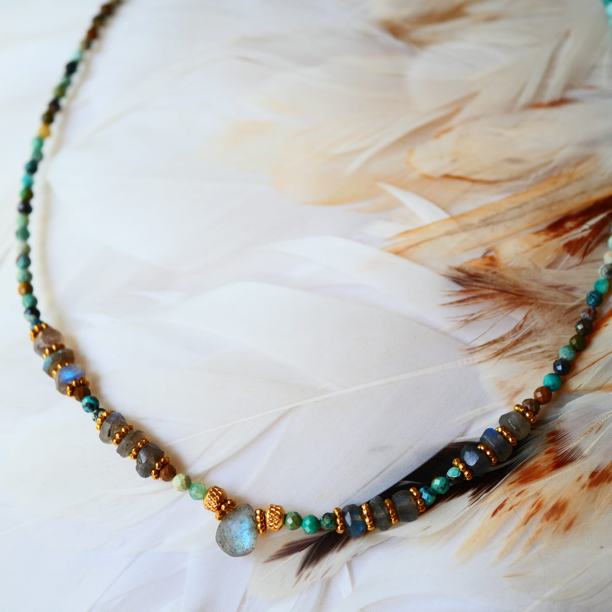 Collier VANI Ginandger - rang de turquoises multicolores et labradorites facettées sur fond de plumes, pendentif goutte irisée
