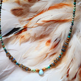 Collier VANI Ginandger - rang multipierre turquoise et labradorite sur fond de plumes colorées, pendentif goutte irisée
