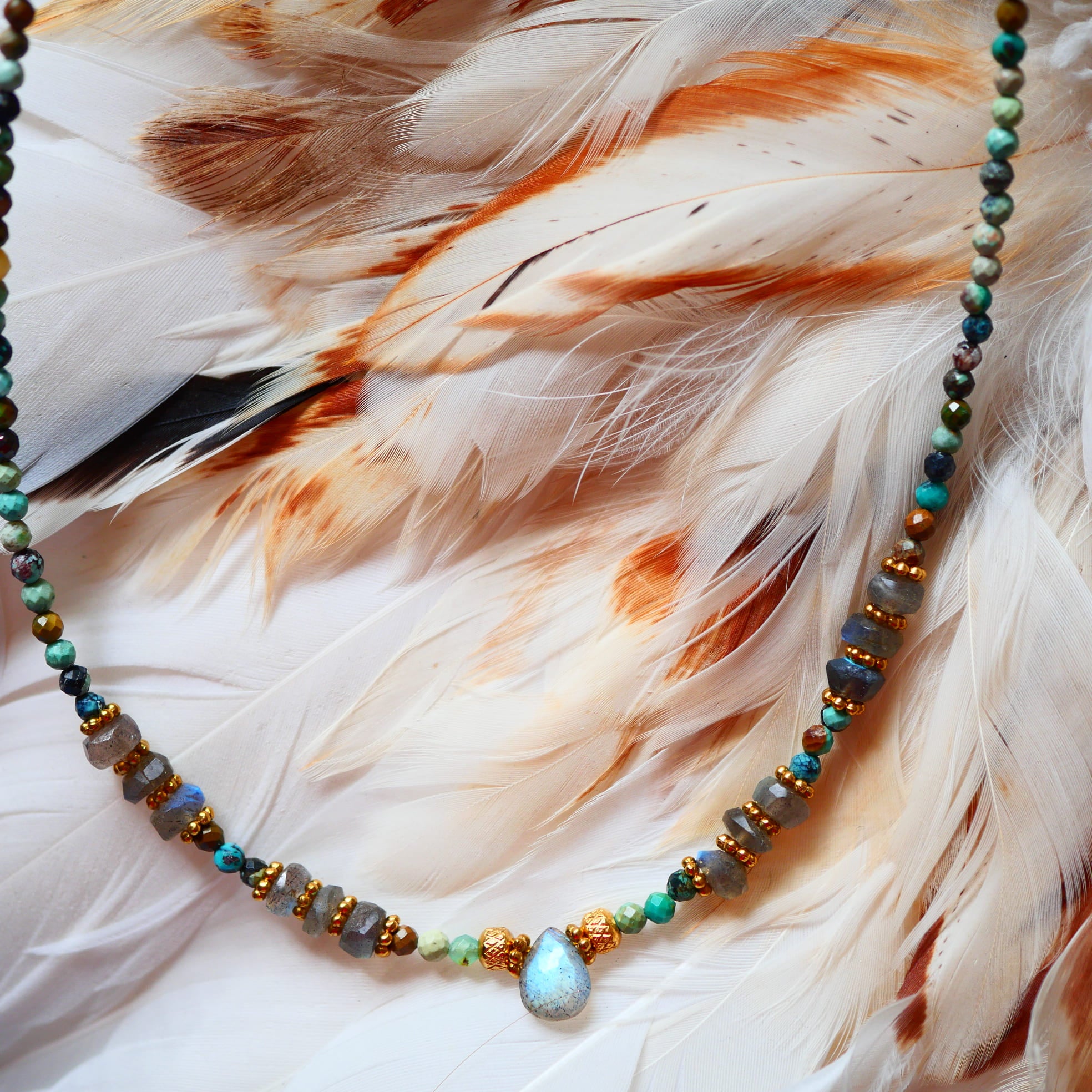 Collier VANI Ginandger - rang multipierre turquoise et labradorite sur fond de plumes colorées, pendentif goutte irisée

