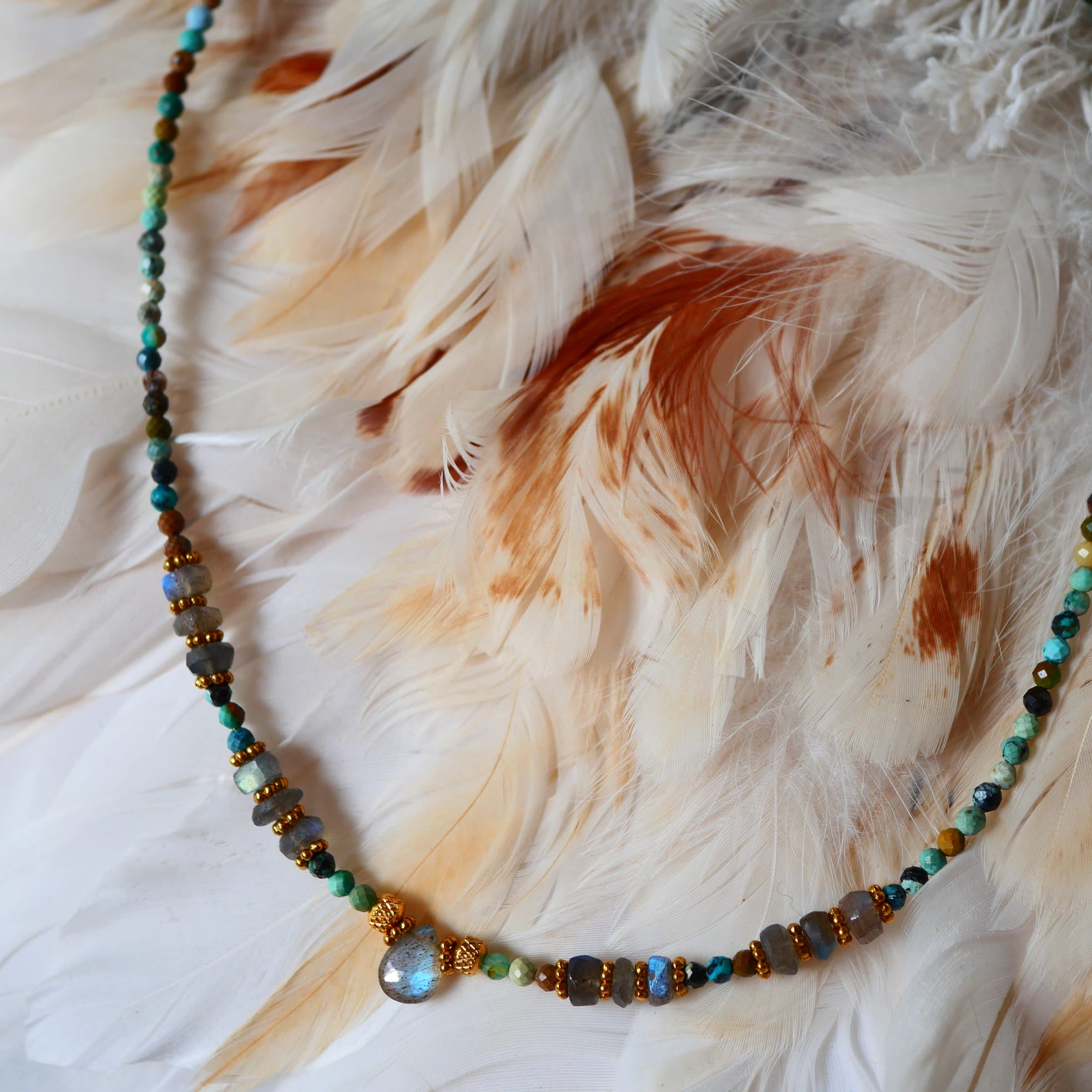 Collier VANI Ginandger - détail goutte de labradorite bleue irisée sur rang de turquoises multicolores et perles dorées
