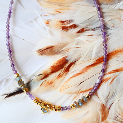 Collier Elakshi œil labradorite améthyste lithothérapie protection intuition clairvoyance Ginandger
