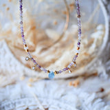 Collier pierre de lune améthyste labradorite aigue marine breloques dorées lithothérapie création transformation Ginandger
