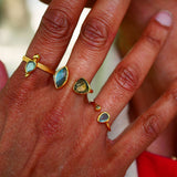 Détail de la bague SOMA Labradorite portée – reflets irisés, collection Indra Ginandger

