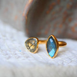 Bague VEDA Quartz Rutile & Labradorite – vue de côté, laiton doré 2 microns – Ginandger
