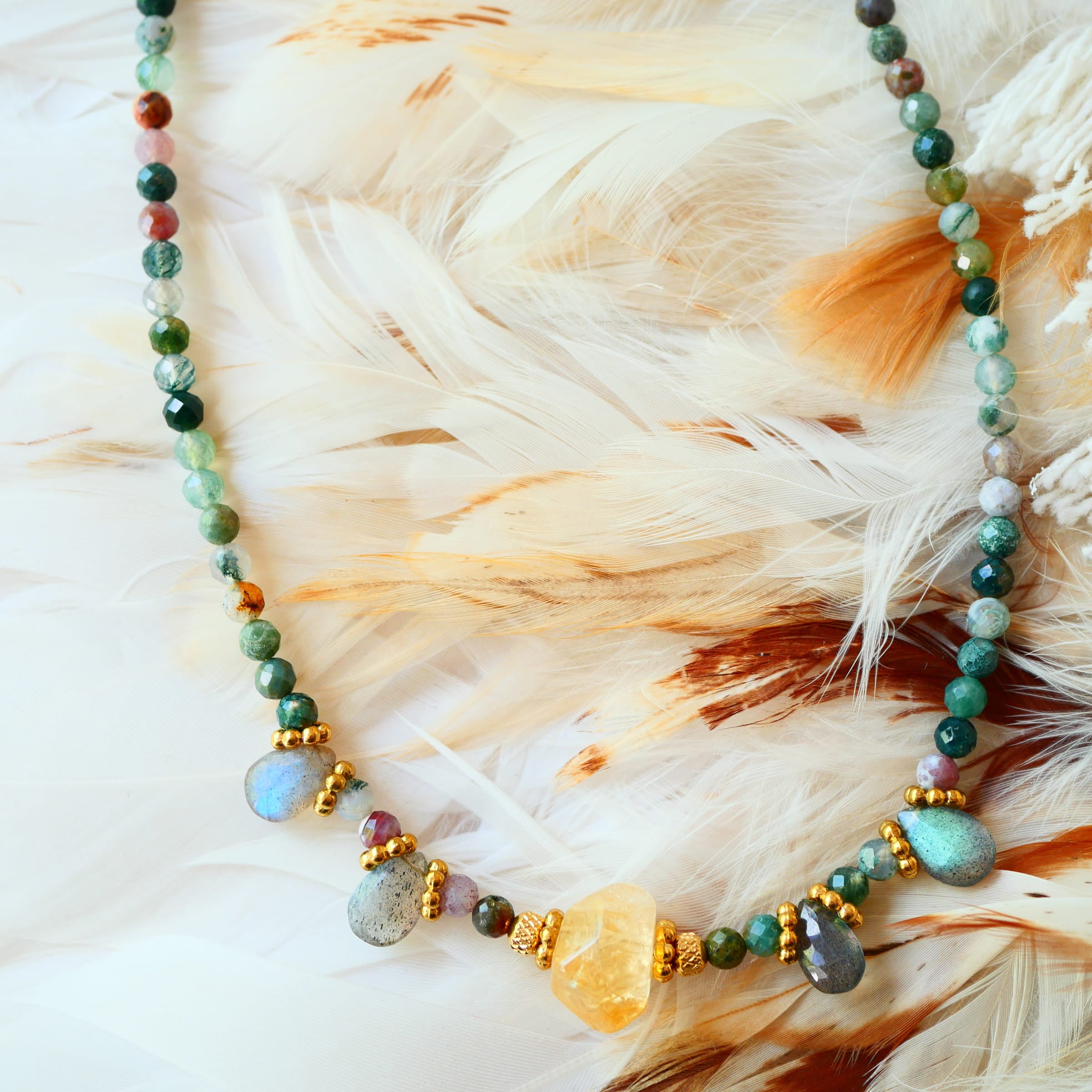 Collier Kiran – agate indienne labradorite et citrine naturelles, bijou lithothérapie Ginandger
