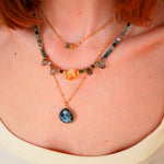 Collier Kiran porté décolleté – agate indienne labradorite et citrine, lithothérapie Paris
