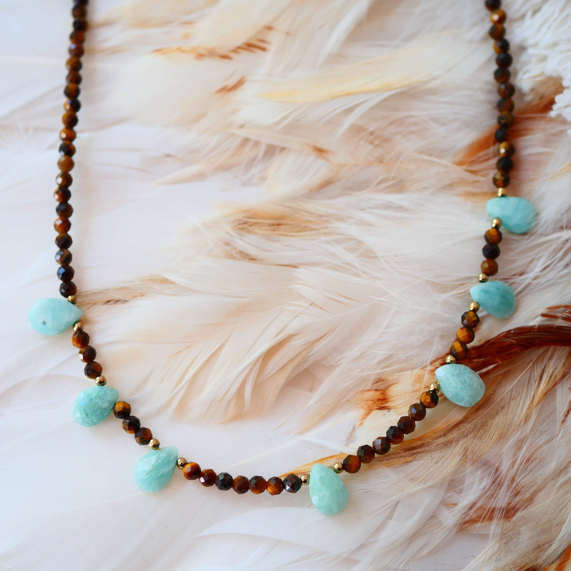 Collier Mati – œil de tigre et amazonite naturels, bijou lithothérapie Ginandger
