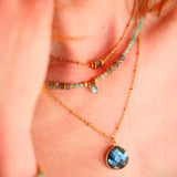 Collier Prana porté décolleté – aventurine et labradorite, bijou lithothérapie Paris
