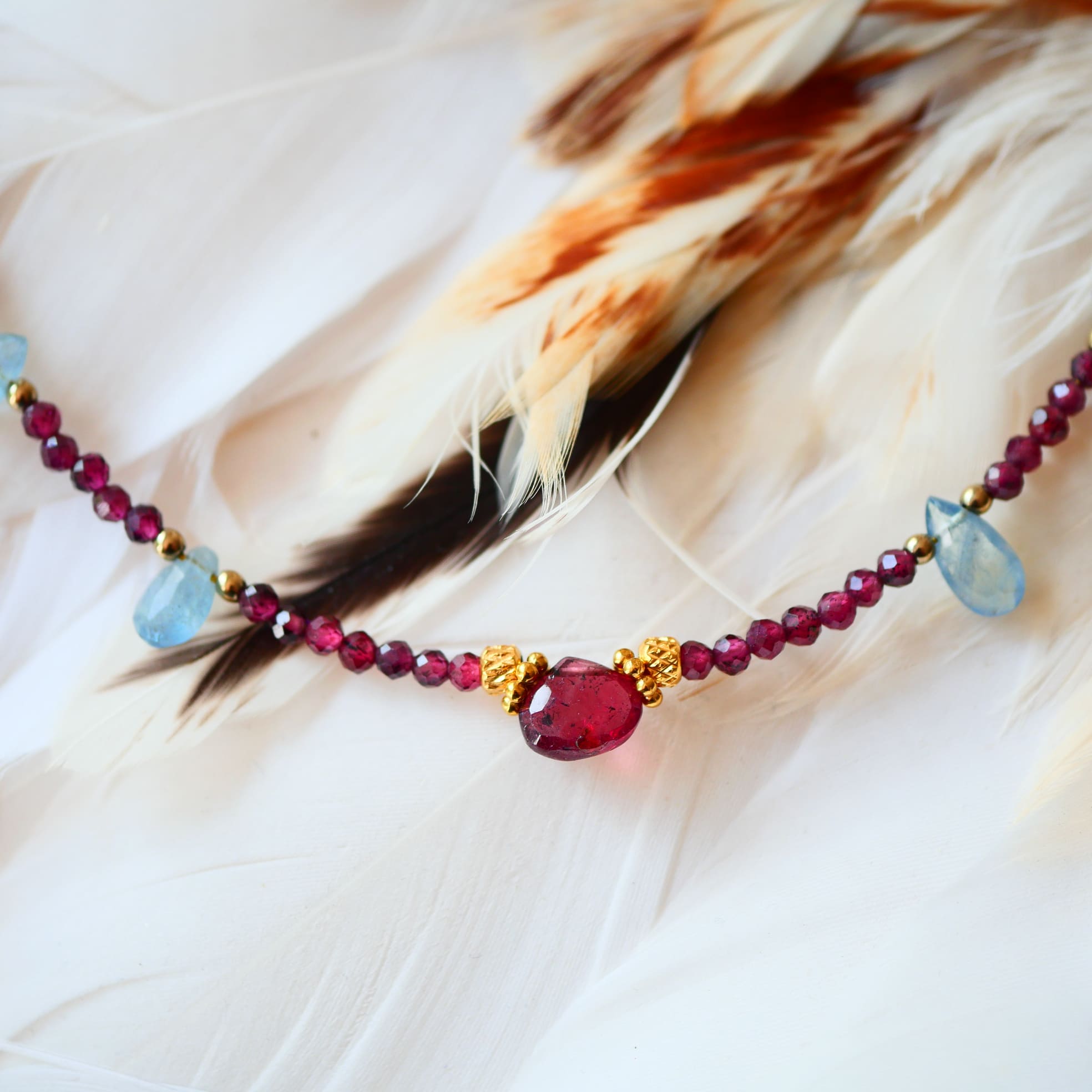 Collier Sagara – détail grenat et aigue-marine naturels, bijou artisanal lithothérapie Ginandger
